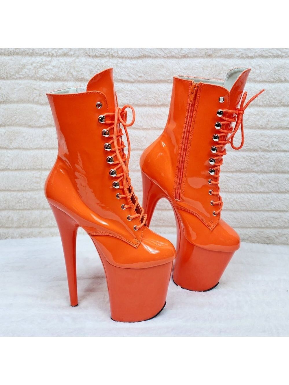 Flamingo Bright Orange Patent Towering 8" High Heel Platform Ankle Boots - Picture 7 of 11